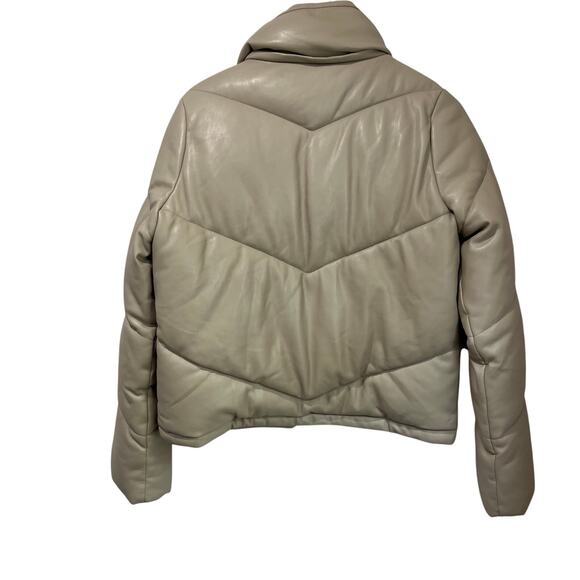 Abercrombie Vegan Leather Puffer Jacket Size M Neutral Beige Cropped Winter - Picture 2 of 9